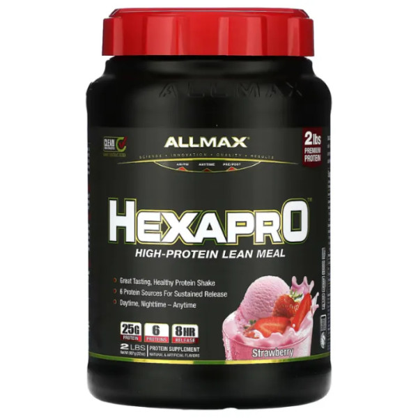 Протеїновий коктейль із високим вмістом білка, Hexapro, High-Protein Lean Meal, ALLMAX, уповільненого вивільнення, смак полуниці, 907 г
