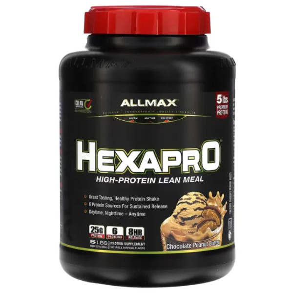 Протеїновий коктейль з високим вмістом білка, Hexapro, High-Protein Lean Meal, ALLMAX, уповільненого вивільнення, смак шоколадної арахісової олії, 2,27 кг