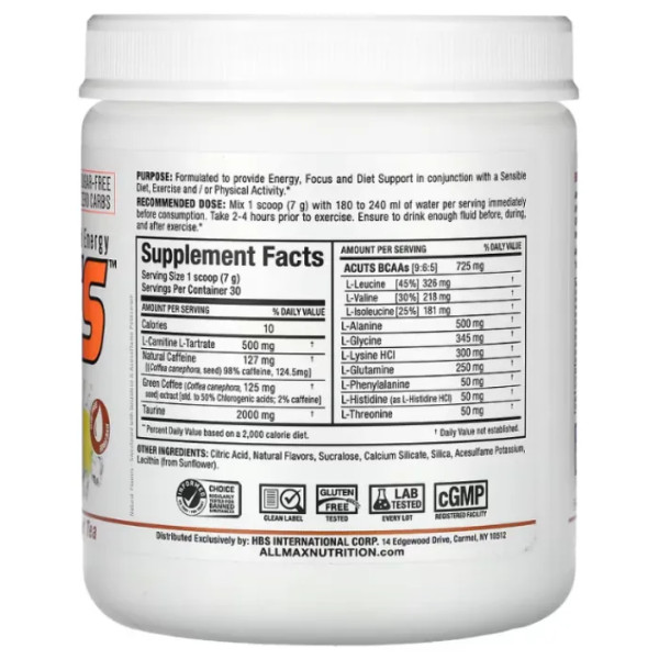 Енергетичний напій з амінокислотами ВССА, ACUTS, Amino-Charged Energy Drink, ALLMAX, смак солодкого чаю, 210 г