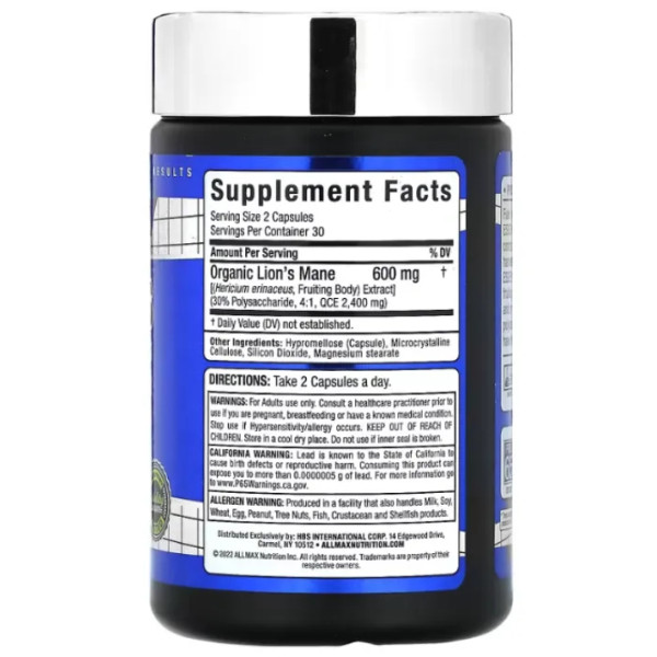 Їжовик гребінчастий, Essentials, Lion's Mane, ALLMAX, 600 мг, 60 рослинних капсул (300 мг у капсулі)