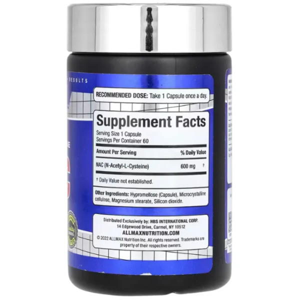 Ацетилцистеїн (N-ацетил-L-цистеїн), Essentials, NAC, ALLMAX, 600 мг, 60 рослинних капсул