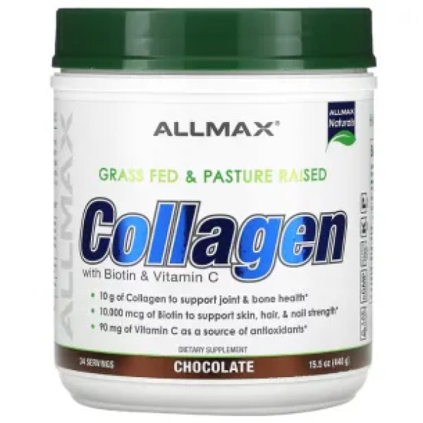 Колаген з біотином та вітаміном C, Collagen with Biotin & Vitamin C, ALLMAX, формула для волосся, шкіри, нігтів та суглобів, смак шоколаду, 440 г