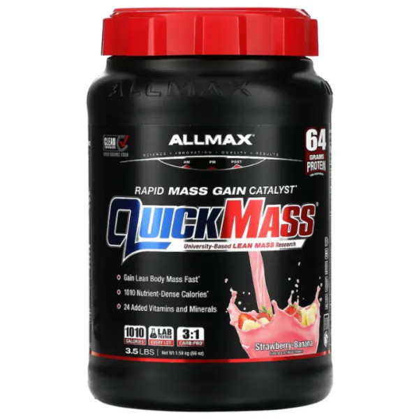 Гейнер для швидкого набору м'язової маси, Quick Mass, Rapid Mass Gain Catalyst, ALLMAX, з уповільненим звільненням, полуниця-банан, 1,59 кг