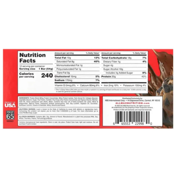 Протеїновий батончик, Hexapro, ALLMAX, тісто для печива з шоколадною крихтою, 12 батончиків, по 54 г у кожному