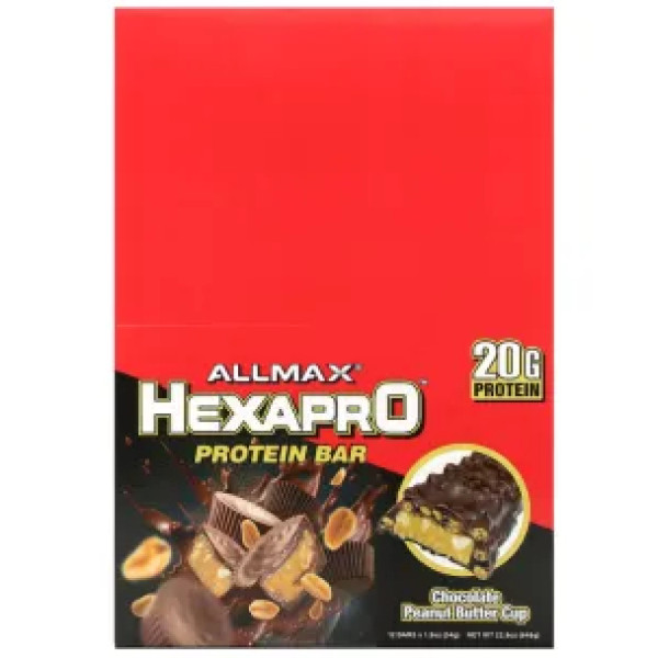 Протеїновий батончик, Hexapro, ALLMAX, шоколадно-арахісова олія, 12 батончиків, по 54 г у кожному