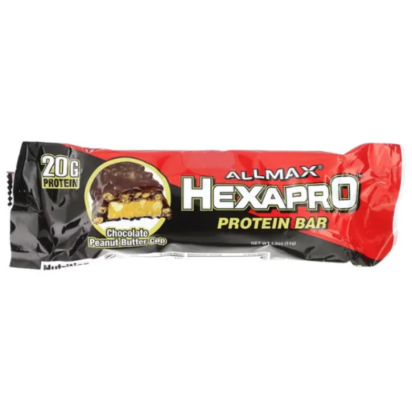 Протеїновий батончик, Hexapro, ALLMAX, шоколадно-арахісова олія, 12 батончиків, по 54 г у кожному