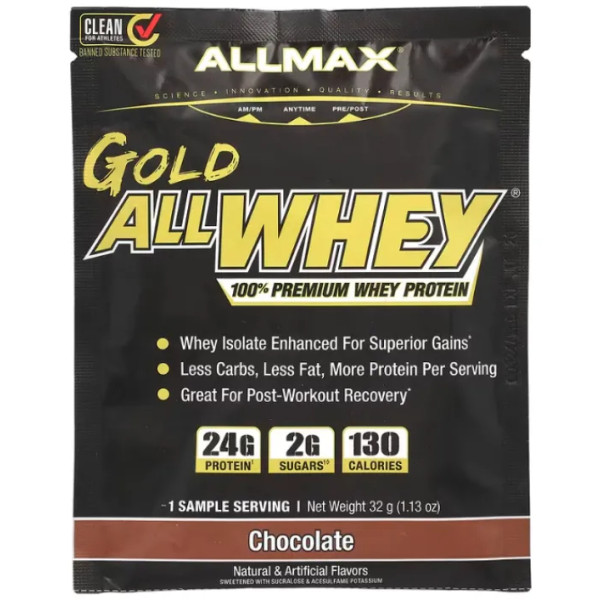 Сироватковий протеїн преміум-класу, GOLD ALLWHEY, 100% Premium Whey Protein, ALLMAX Nutrition, шоколад, 32 г