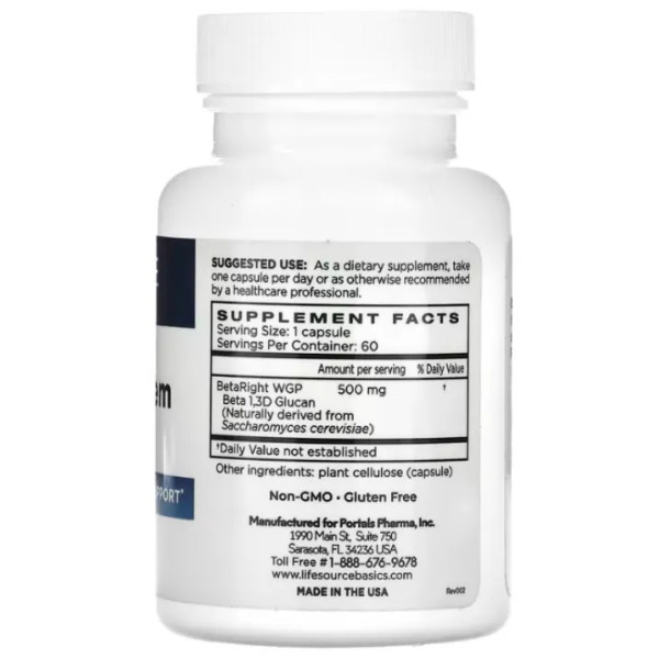 Бета глюкан, Beta Glucan, Life Source Basics, активатор імунної системи, 500 мг, 60 капсул