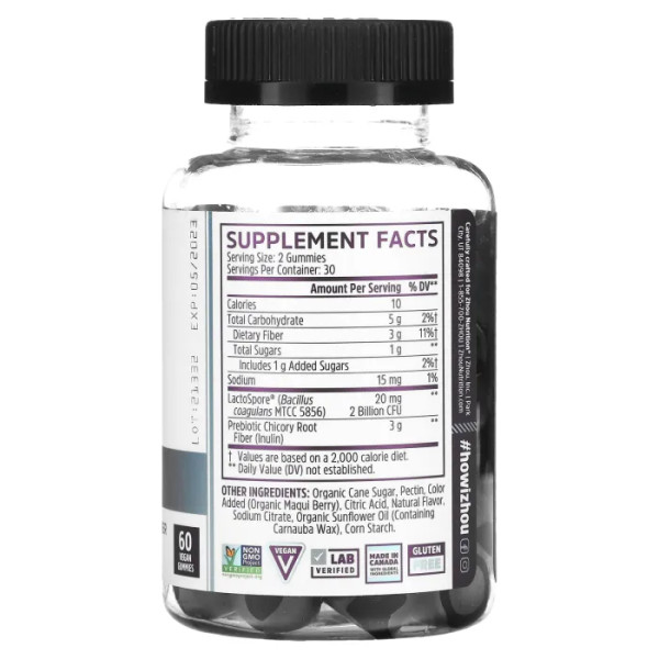 Пробіотик + пребіотична клітковина, Gut Guru, Zhou Nutrition, смак блакитної малини, 60 веганських жувальних цукерок