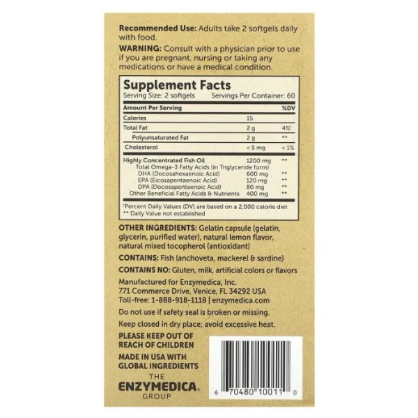 Омега-3, Omega-3, Enzymedica, класична сила, смак лимона, 1200 мг, 120 гелевих капсул (600 мг в капсулі)