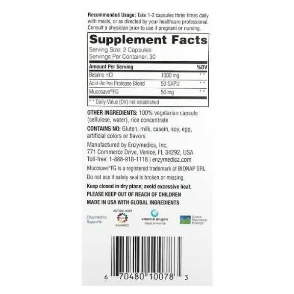 Бетаїн гідрохлорид, Betaine HCI, Enzymedica, швидкодіючий, 60 капсул