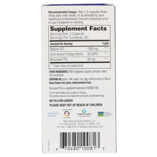 Бетаїн гідрохлорид, Betaine HCI, Enzymedica, 120 капсул