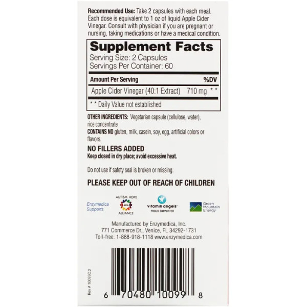 Яблучний оцет із матричною кислотою, Apple Cider Vinegar, Enzymedica, 120 капсул (355 мг на капсулу)