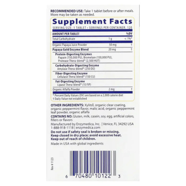 Травні ферменти папайї, Papaya Gold, Enzymedica, зі смаком папайї та м'яти, 120 таблеток