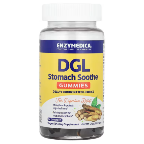 Дегліциризована солодка, DGL, Enzymedica, заспокійливе підтримка шлунка, смак німецького шоколаду, 74 веганських жувальних цукерок