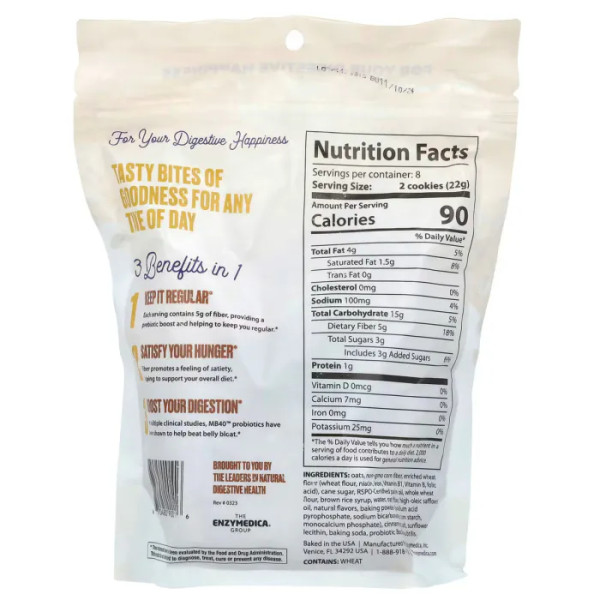 Печиво з клітковиною, пребіотиками та пробіотиками, Fiber + Cookies, Pre and Probiotic, Enzymedica, вівсяний урожай, 176 г