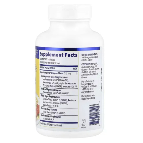 Травні ферменти, повна формула, Digest Complete, Enzymedica, ефективно розщеплює вуглеводи, жири, клітковину та білки, 240 капсул