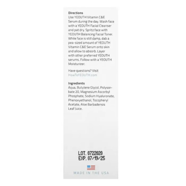 Сироватка для обличчя з вітамінами С та Е, Vitamin C&E, YEOUTH, з гіалуроновою кислотою, 60 мл