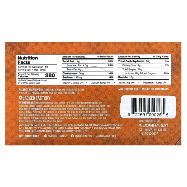 Батончики протеїнові, Protein Bar, Jacked Factory, Authentic Bar, зі смаком цукерок з арахісовою пастою, 12 батончиків по 60 г кожен