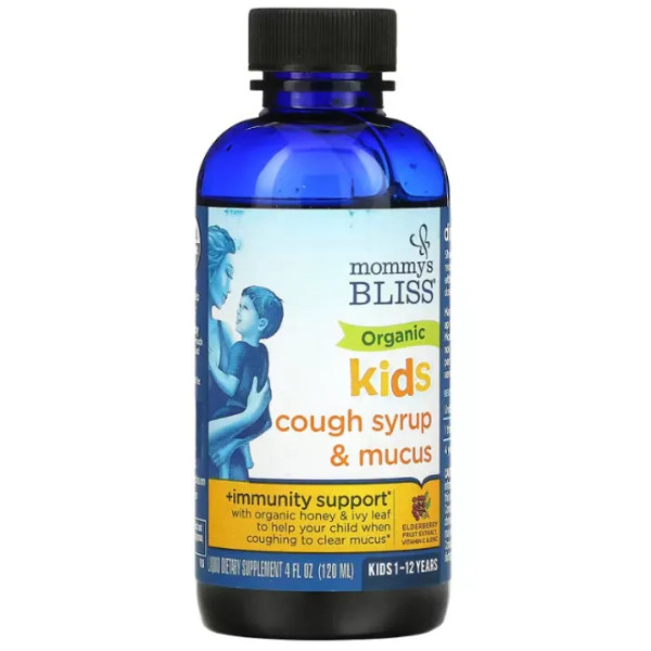 Сироп від кашлю та слизу для дітей 1-12 років, підтримка імунітету, Kids, Organic Cough Syrup & Mucus + Immunity Support, Mommy's Bliss, органічний, бузина, 120 мл