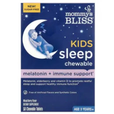 Дитячий сон, мелатонін та підтримка імунітету, жувальні, смак ягідний мікс, Kids Sleep Chewable Mommy's Bliss, для дітей від 3 років, 50 жувальних таблеток