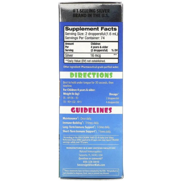 Гідрозол срібла (колоїдне срібло) для дітей, Silver Hydrosol, Sovereign Silver, біоактивний, імунна підтримка, 118 мл