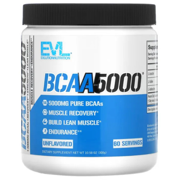 BCAA5000, відновлення та зростання м'язів, BCAA5000, EVLution Nutrition, без смаку, порошок, 300 г