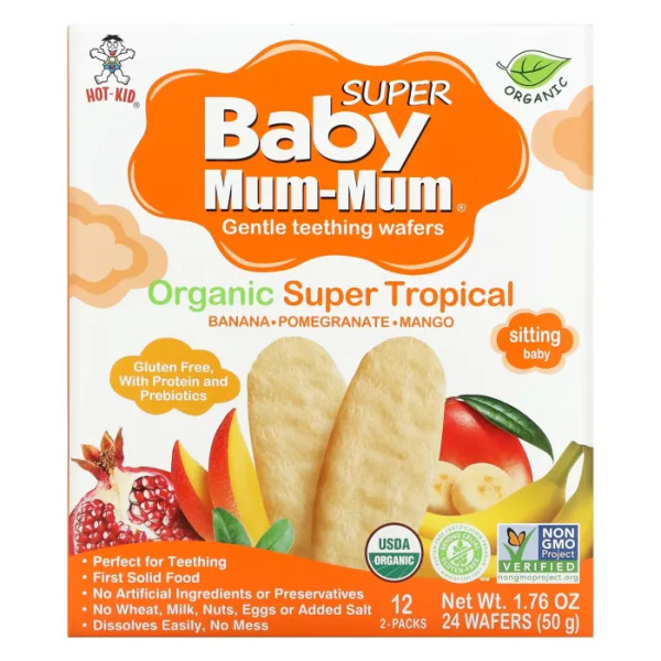 Вафлі для прорізування зубів, Gentle Teething Wafers, Hot Kid, Baby Mum-Mum, тропічні органічні фрукти, 12 упаковок по 2 шт. по 50 г