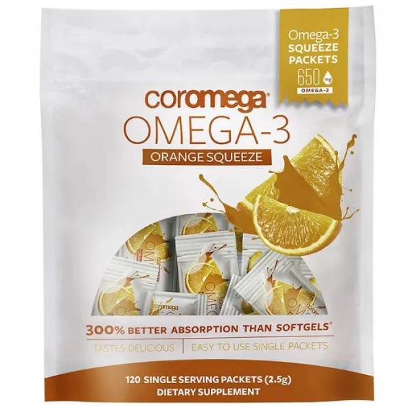 Омега-3, риб'ячий жир, Omega-3, Coromega, смак апельсина, 120 пакетів по 2,5 г
