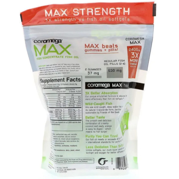 Риб'ячий жир, високий вміст Омега-3, Omega-3 Fish Oil, Coromega, смак кокоса, 60 пакетів по 2,5 г