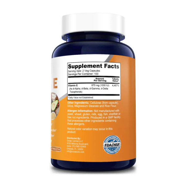 Вітамін Е, Vitamin E, NusaPure, 1000 МО, 200 вегетаріанських капсул