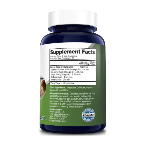 Конопляна олія, Hemp Seed Oil, NusaPure, 1000 мг, 180 вегетаріанських капсул