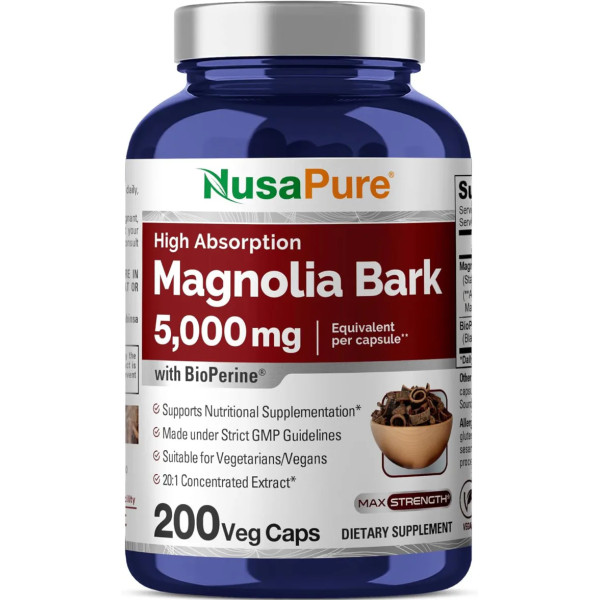 Кора магнолії, Magnolia Bark, NusaPure, підтримує спокійний настрій та функції печінки, екстракт 4:1, 5000 мг, 200 вегетаріанських капсул.