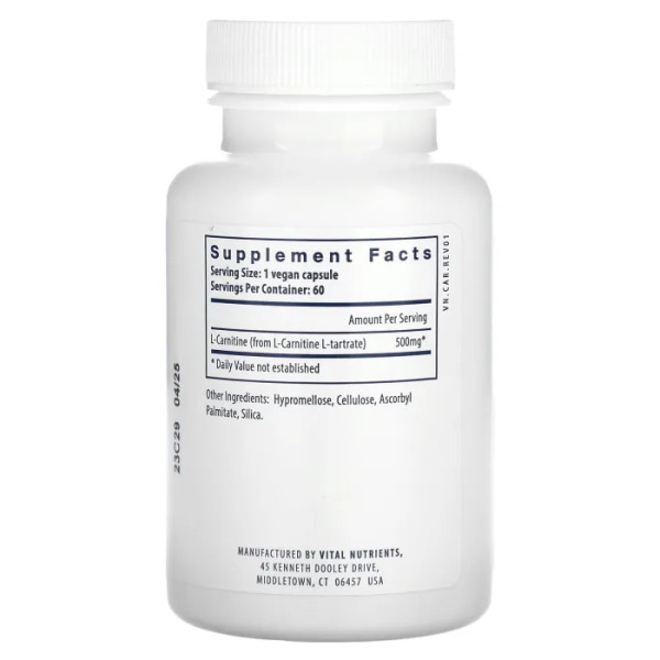 Карнітин, Carnitine, Vital Nutrients, 500 мг, 60 веганських капсул