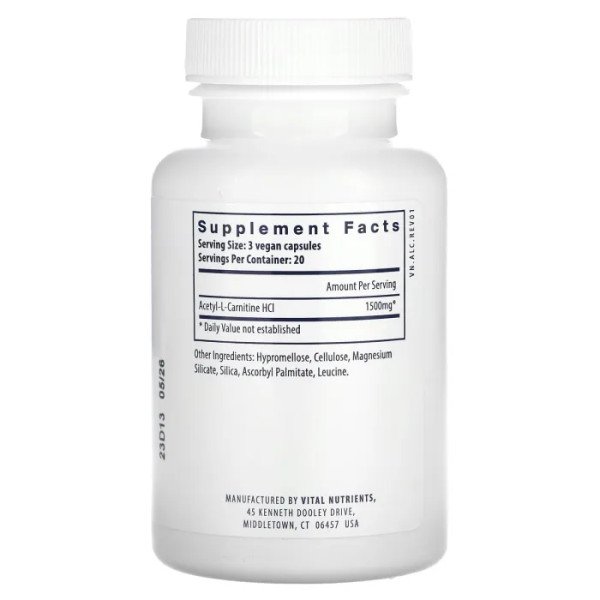 Ацетил L-карнітин для мозку, Acetyl L-Carnitine, Vital Nutrients, 500 мг, 60 веганських капсул