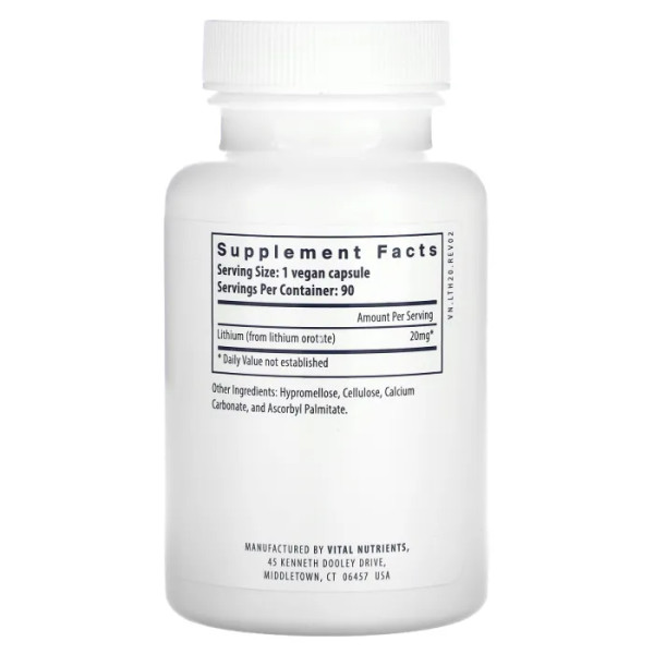 Літій, Lithium (Orotate), Vital Nutrients, 20 мг, 90 вегетаріанських капсул