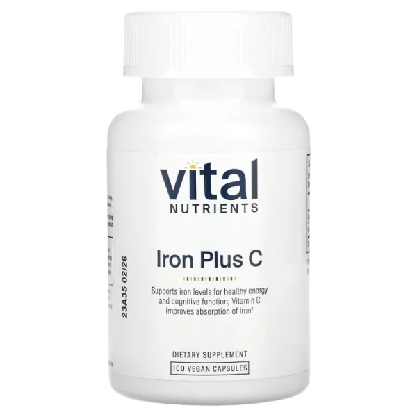 Залізо + вітамін С, підтримка при анемії, Iron Plus C, Vital Nutrients, 100 веганських капсул