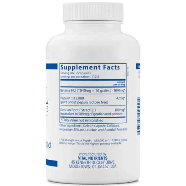 Підтримка травлення, Betaine HCL Pepsin & Gentian Root Extract, Vital Nutrients, 225 капсул