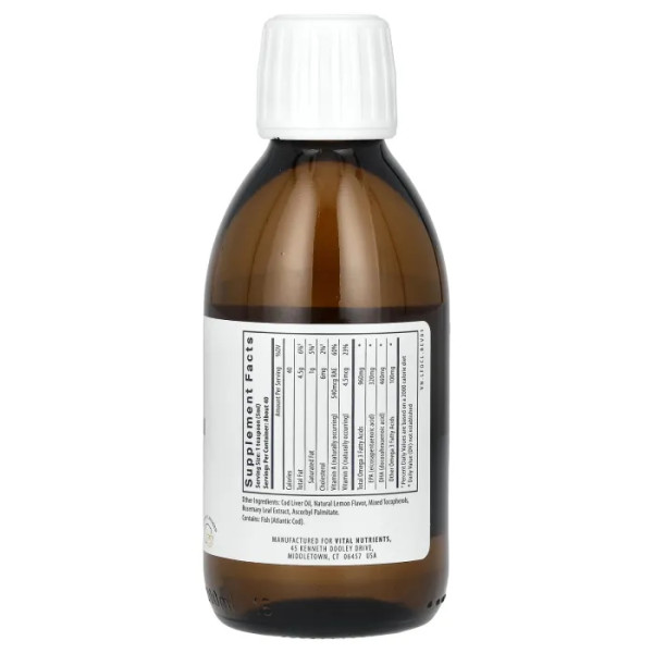 Риб'ячий жир з печінки тріски, Ultra Pure Cod Liver Oil, Vital Nutrients, смак лимона, рідина, 200 мл