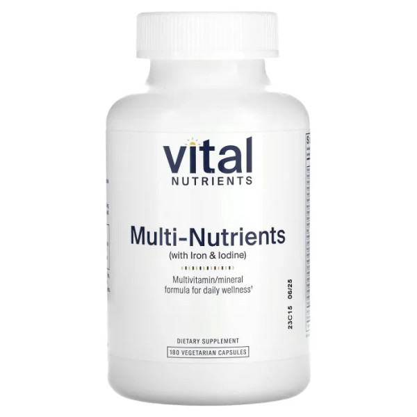 Мультивітаміни і мінерали з залізом і йодом, Multi-Nutrients, Vital Nutrients, 180 вегетаріанських капсул