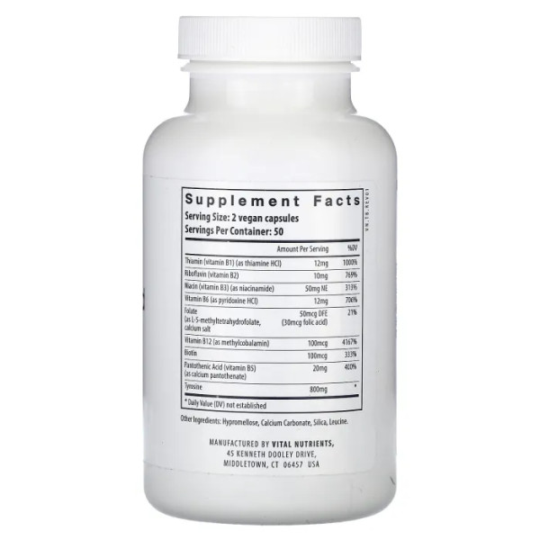 Тирозин та вітаміни групи B, Tyrosine and B-Vitamins, Vital Nutrients, 100 веганських капсул