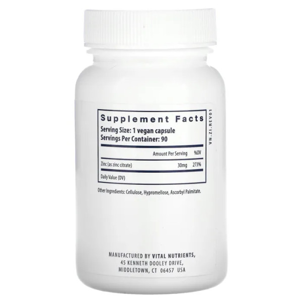 Цинк (цитрат), Zinc, Vital Nutrients, 30 мг, 90 веганських капсул