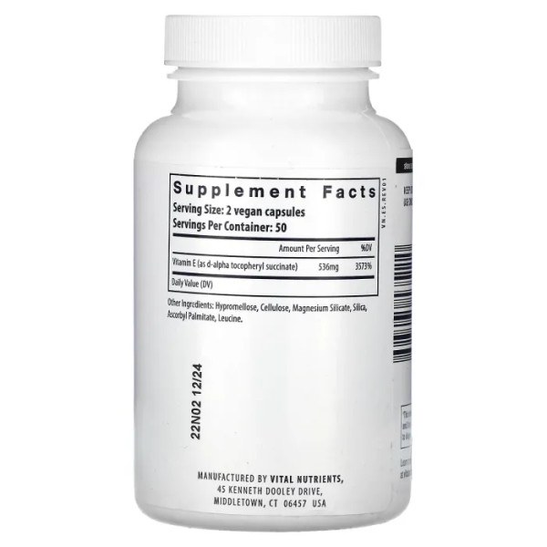 Вітамін Е, E Succinate, Vital Nutrients, 100 веганських капсул