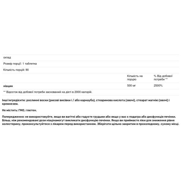 Ніацин, Niacin, Vital Nutrients, 500 мг, 90 таблеток