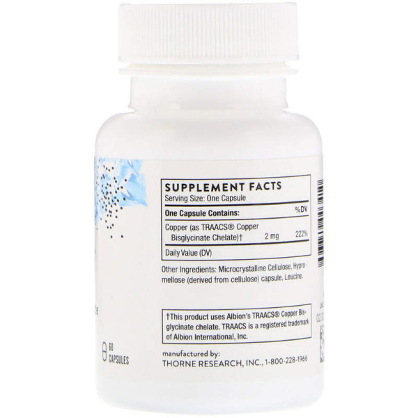 Мідь, Copper Bisglycinate, Thorne, 60 капсул (2 мг в капсулі)