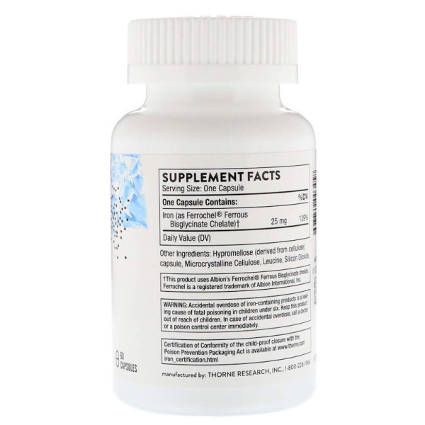 Залізо, Iron Bisglycinate, Thorne, 60 капсул
