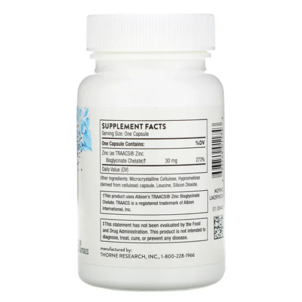Бісгліцинат цинку, Zinc Bisglycinate, Thorne, 30 мг, 60 капсул