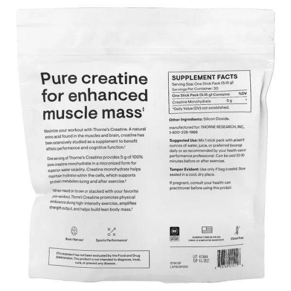 Креатин, Creatine, Thorne, 30 пакетиків-стиків по 5,15 г кожен