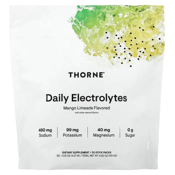 Електроліти, Daily Electrolytes, Thorne, смак манго-лайм, 30 пакетиків-стиків (4,37 г кожен)