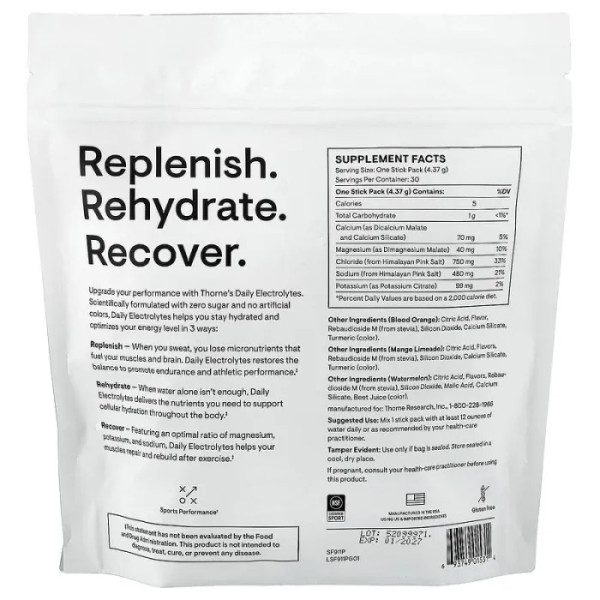 Електроліти, Daily Electrolytes, Thorne, різні смаки, 30 пакетиків-стиків (4,37 г кожен)